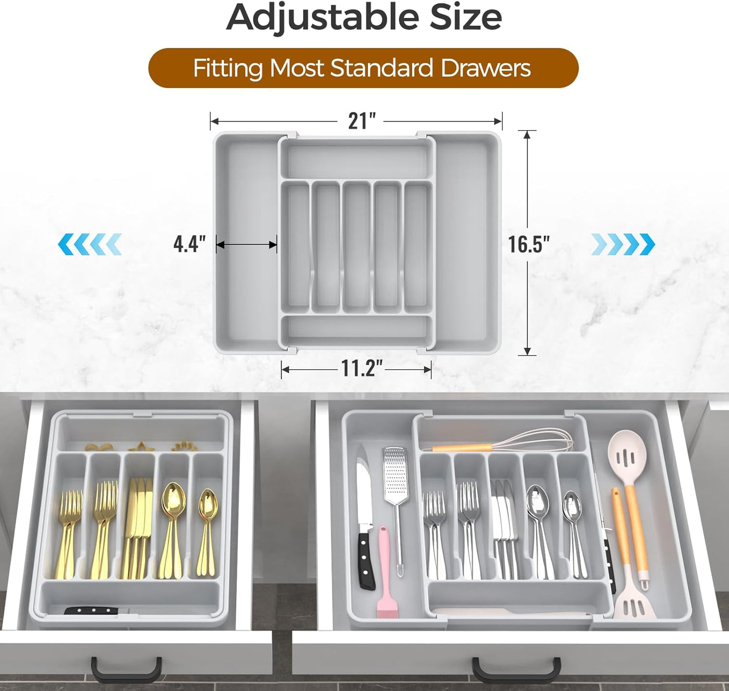 Extra Large Expandable Silverware Organizer, BPA-Free Food-Safe Cutlery Flatware Organizer, Kitchen Utensil Drawer Organizer, Adjustable Silverware Holder for Spoons Forks Knives, Gray