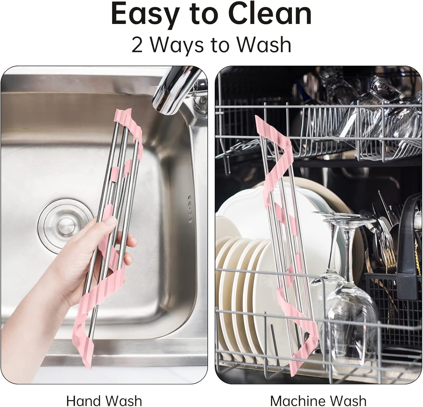 Tomorotec Triangle Foldable Dish Drying Rack, Small Roll-Up Stainless Steel Over Sink Drainer for Kitchen Sink Corner, Rustproof Multipurpose Organizer(Pink)