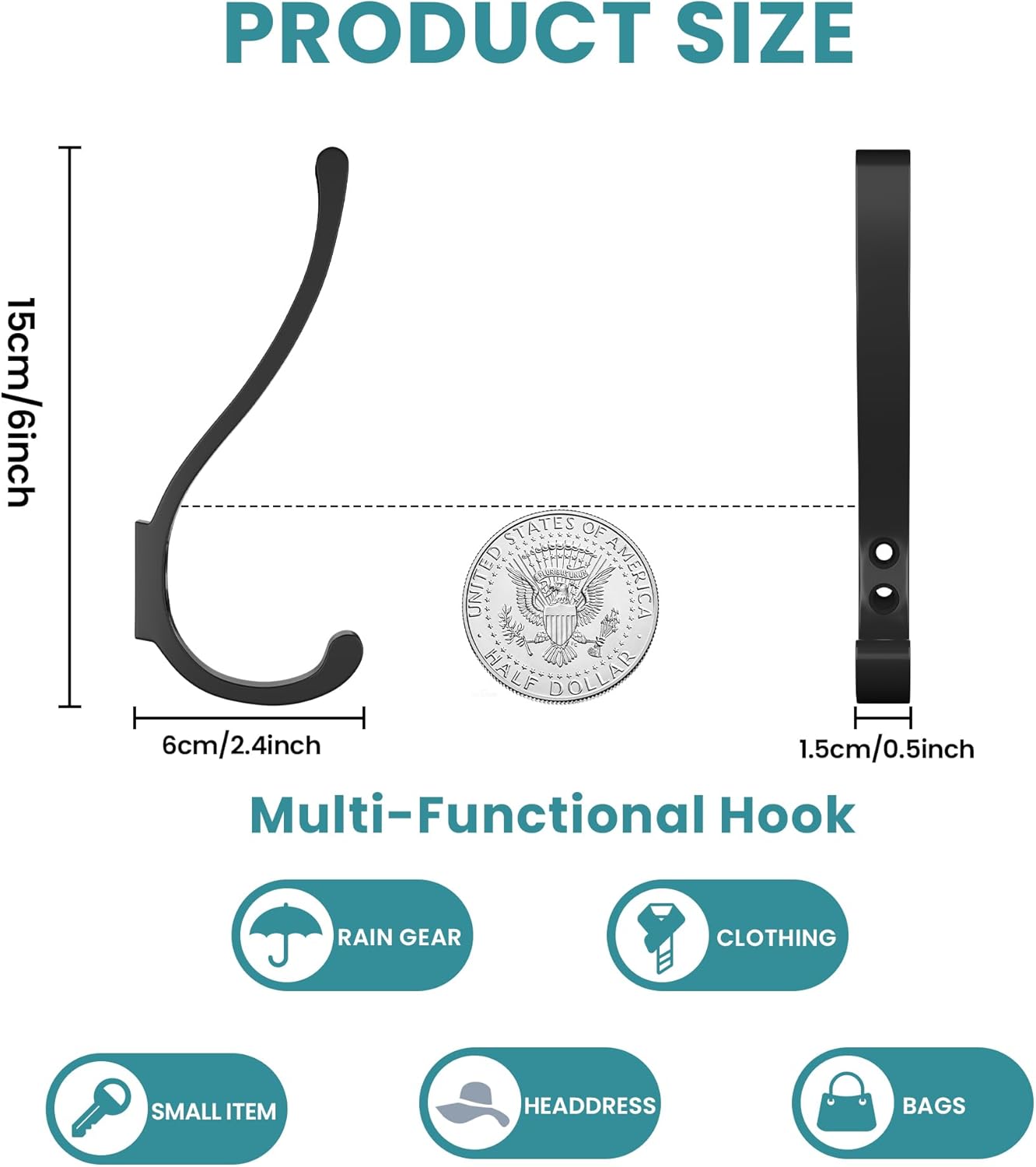 6-Pack Heavy Duty Coat Hooks for Wall Mount - Durable Wall-Mounted Hooks for Hanging Coats, Backpacks & Bookbags, Rust-Resistant Coat Hanger Hooks for Entryway, Garage, Dorm