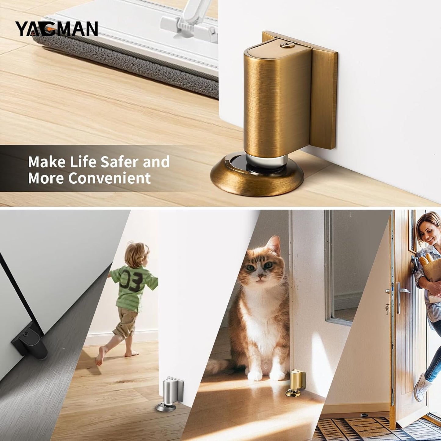1 Pack Magnetic Door Stoppers Retractable Bottom of Door Holder No Drilling Mount Floor Door Stop with Screws and Adhesive Catch Door Keep Door Open Antique Brass AB-1