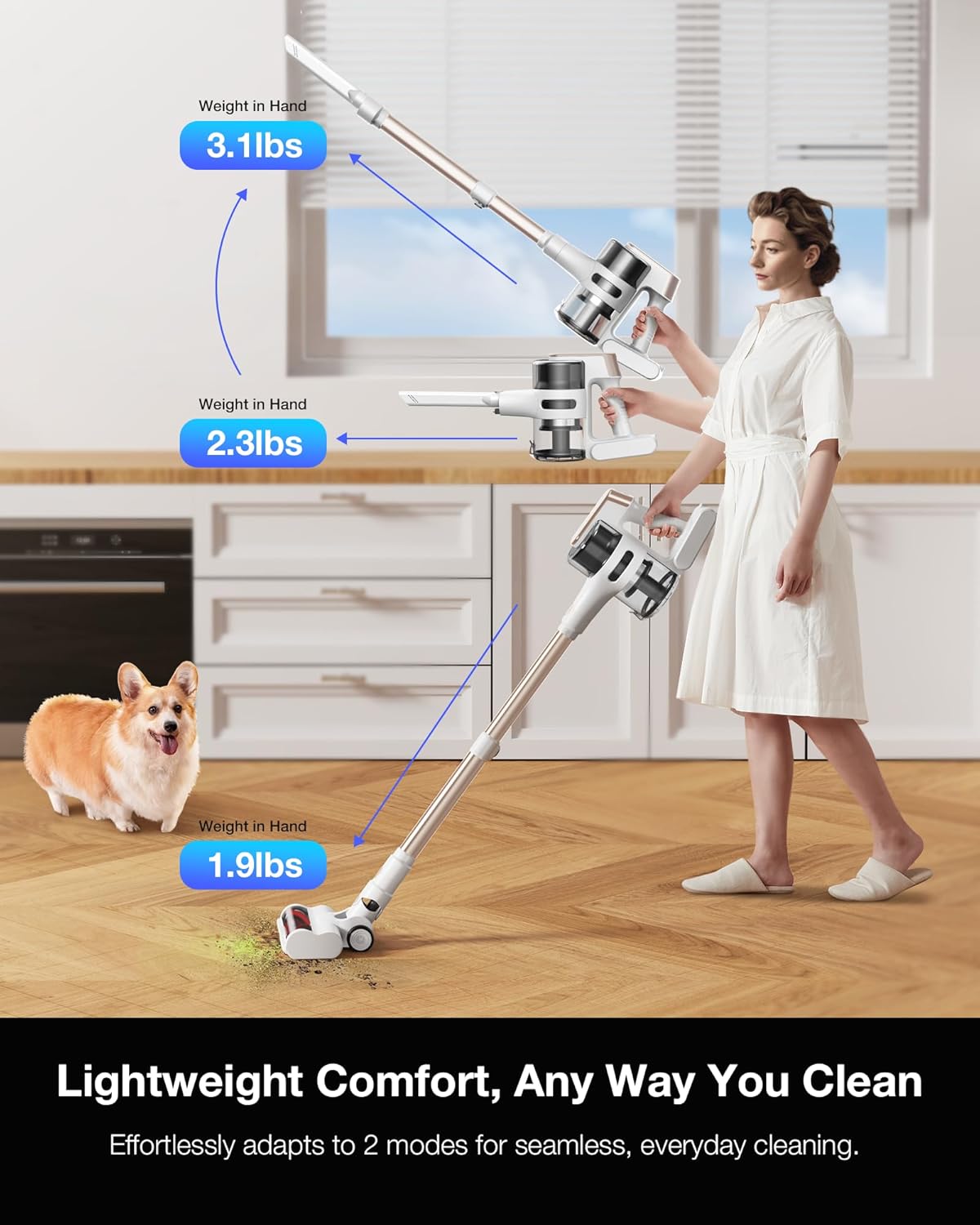Cordless Stick Vacuum Cleaner for Home, Lightweight Rechargeable Vacuum with 55min Runtime, Powerful Suction, Green LED Headlight, 9-in-1 Pet Hair Carpet & Hardwood Floor Cleaner