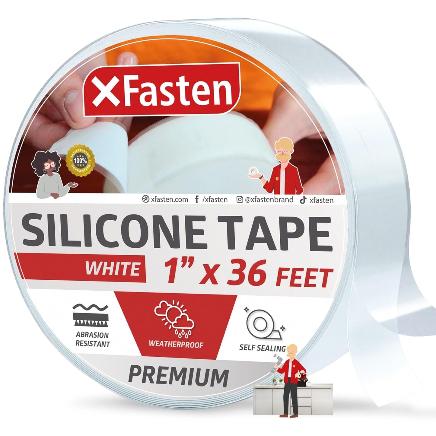 XFasten Self Fusing Silicone Tape Waterproof White– 1" x 36 Feet, Self Amalgamating Tape, Silicone Rubber for Plumbing, Sealing Pipes, Hose Repair, Outdoor Coax and Electrical Cables – Weatherproof