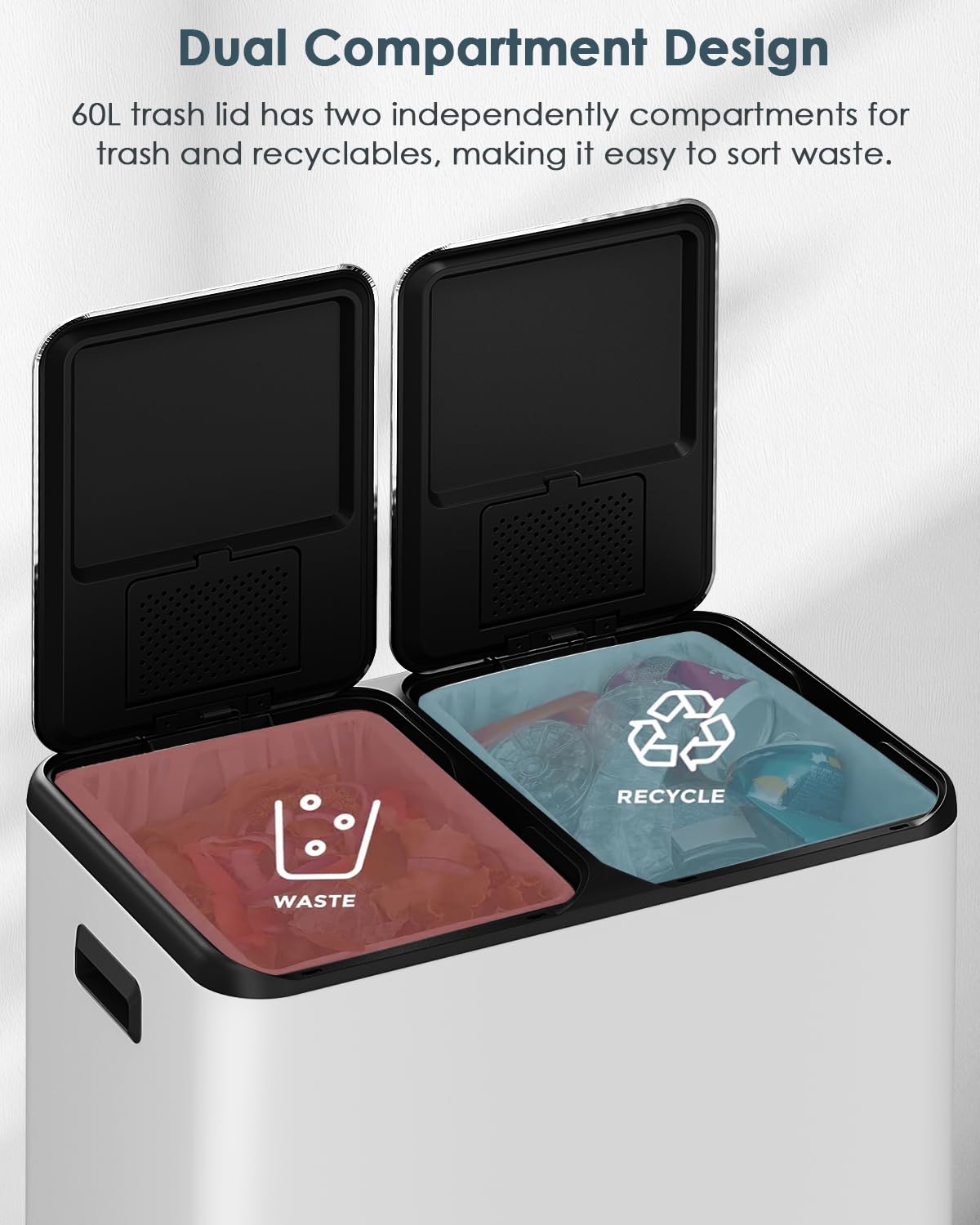 Arlopu 16Gal Dual Trash Can w/2 Built-in Box for Odor Control, Hands-Free Kitchen Garbage Bin, Recycle Waste Dustbin, Soft-Close Lid, 2 Buckets,Foot Pedal, Side Handle, Airtight,for Home Office