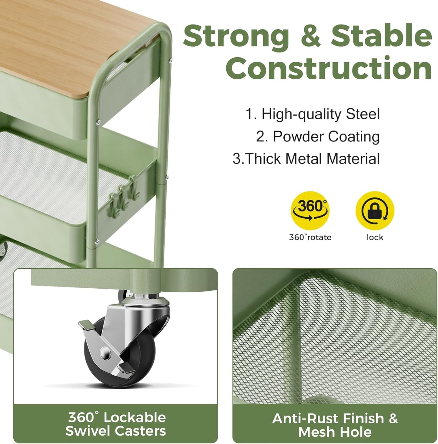 3 Tier Rolling Cart with Table top, Metal Rolling Utility Cart, Sturdy Storage Organizer Cart with Locking Wheels & Hooks for Office, Classroom, Kitchen and Bathroom