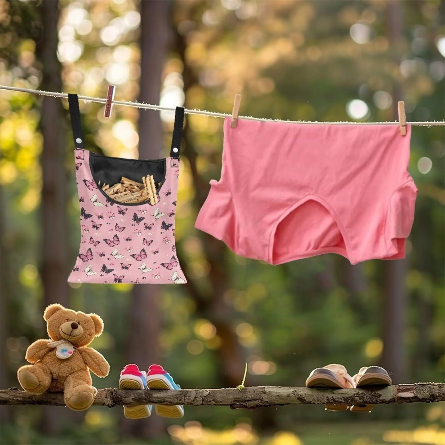 Butterfly Print Clothes Pin Hanging Bag, Stylish Clothespin Bag with Hanging Rope, Clothespin Organizer