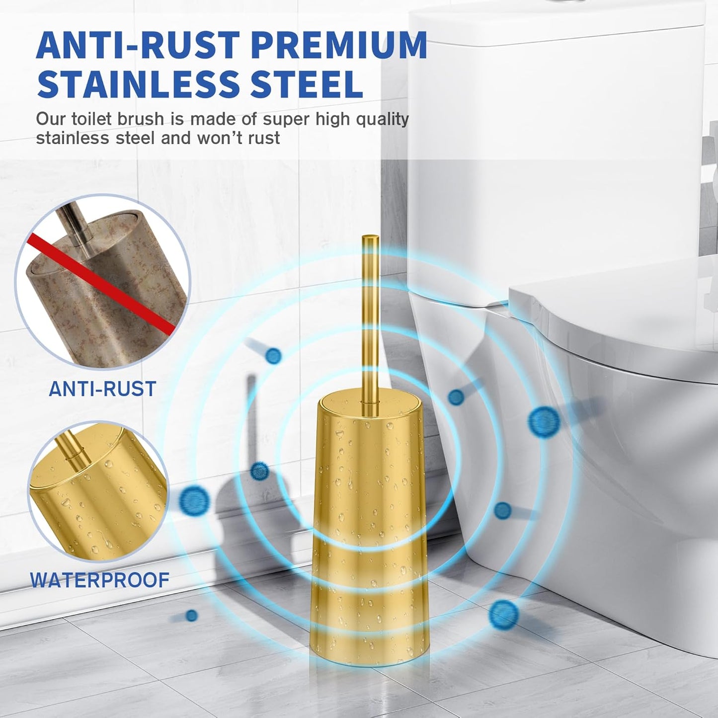 Toilet Brush and Holder, Toilet Brush Stainless Steel, Toilet Bowl Brush for Bathroom Toilet-Ergonomic, Elegant,Durable (Gold)