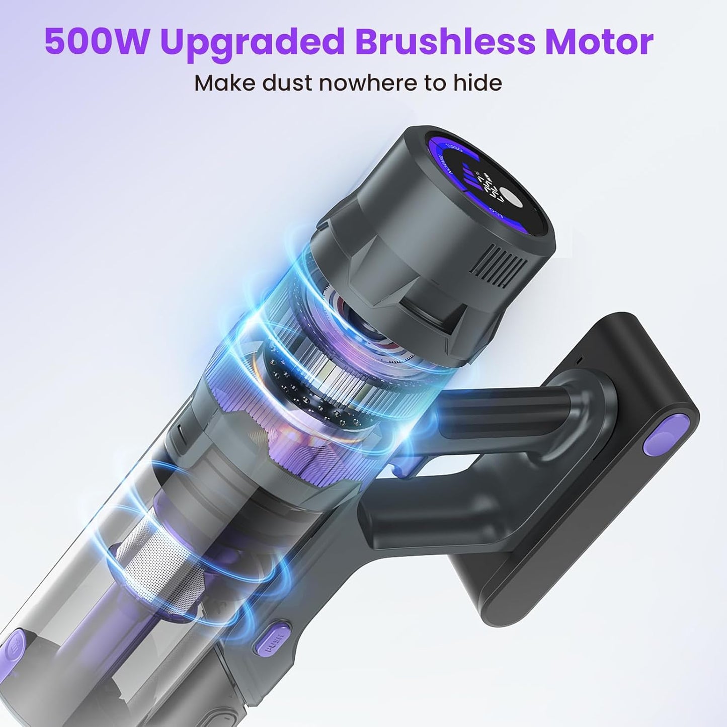 Cordless Vacuum Cleaner, 50Kpa Lightweight Cordless Stick Vacuum, 500W Rechargeable Battery Vacuum with 50min Runtime, LED Display, Stick Vacuum Cleaners for Home Pet Hair Hardfloor Carpet-V2