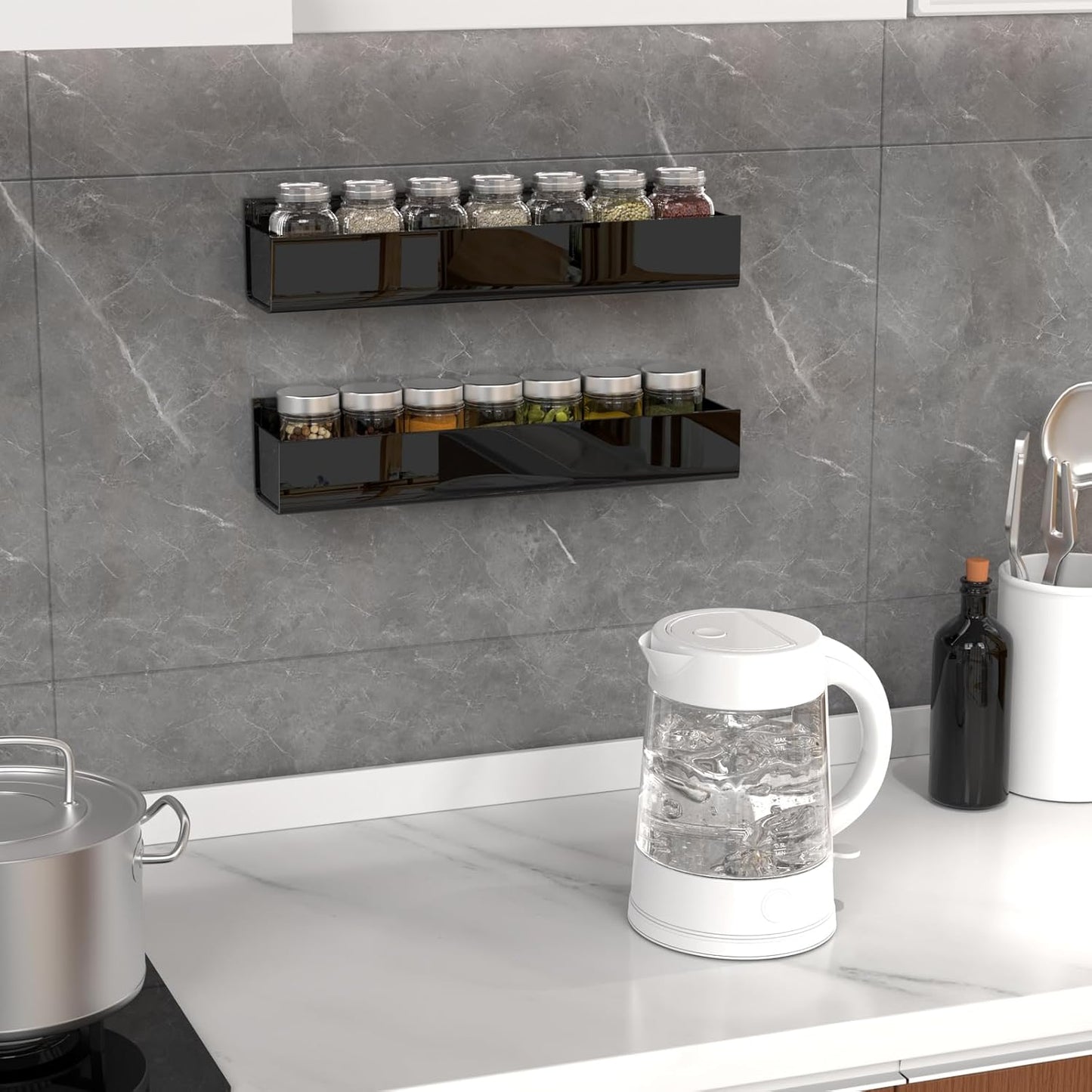 PMMASTO Adhesive Acrylic Spice Rack Organizer for Wall with Nano Double Sided Tape, Spice Shelf Organization for Kitchen Cabinet Door/Pantry Door, Wall Mount Seasoning Rack (Black-2 Pack)