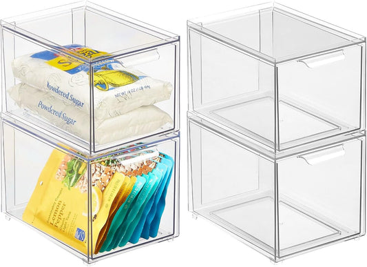 mDesign Plastic Pantry Organization and Storage Bin w/Pull Out Drawer - Slim Stackable Kitchen Supplies Storage Container for Organizing Cabinet, Fridge, Freezer - Lumiere Collection - 4 Pack - Clear