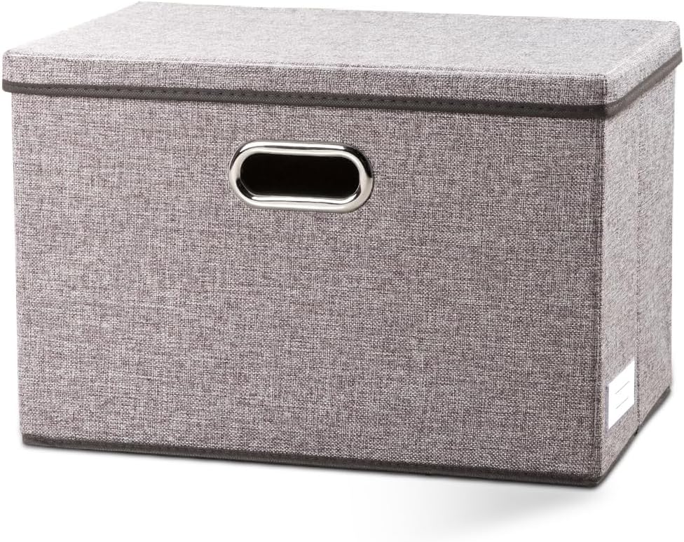 PRANDOM Large Foldable Storage Bin with Lid [1-Pack] Linen Fabric Decorative Storage Box Organizer Containers Basket Cube with Handles Divider for Bedroom Closet Office Living Room (17.7x11.8x11.8)