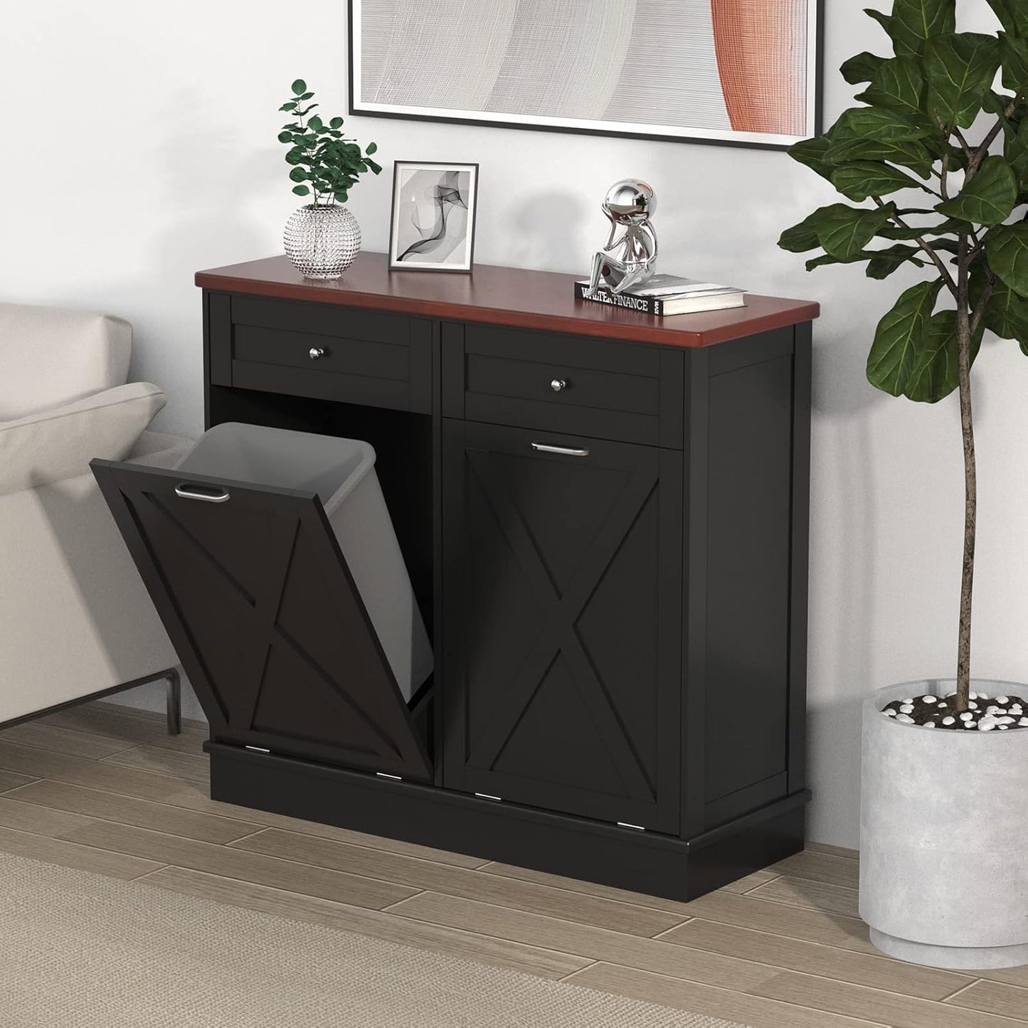 Betterhood Double Tilt Out Trash Cabinet 20 Gallon Wooden Free Standing Laundry Sorter Cabinet,Recycling Cabine with Hideaway Drawer,Tilt Out Trash Cabine Can Bin Kitchen (Black)