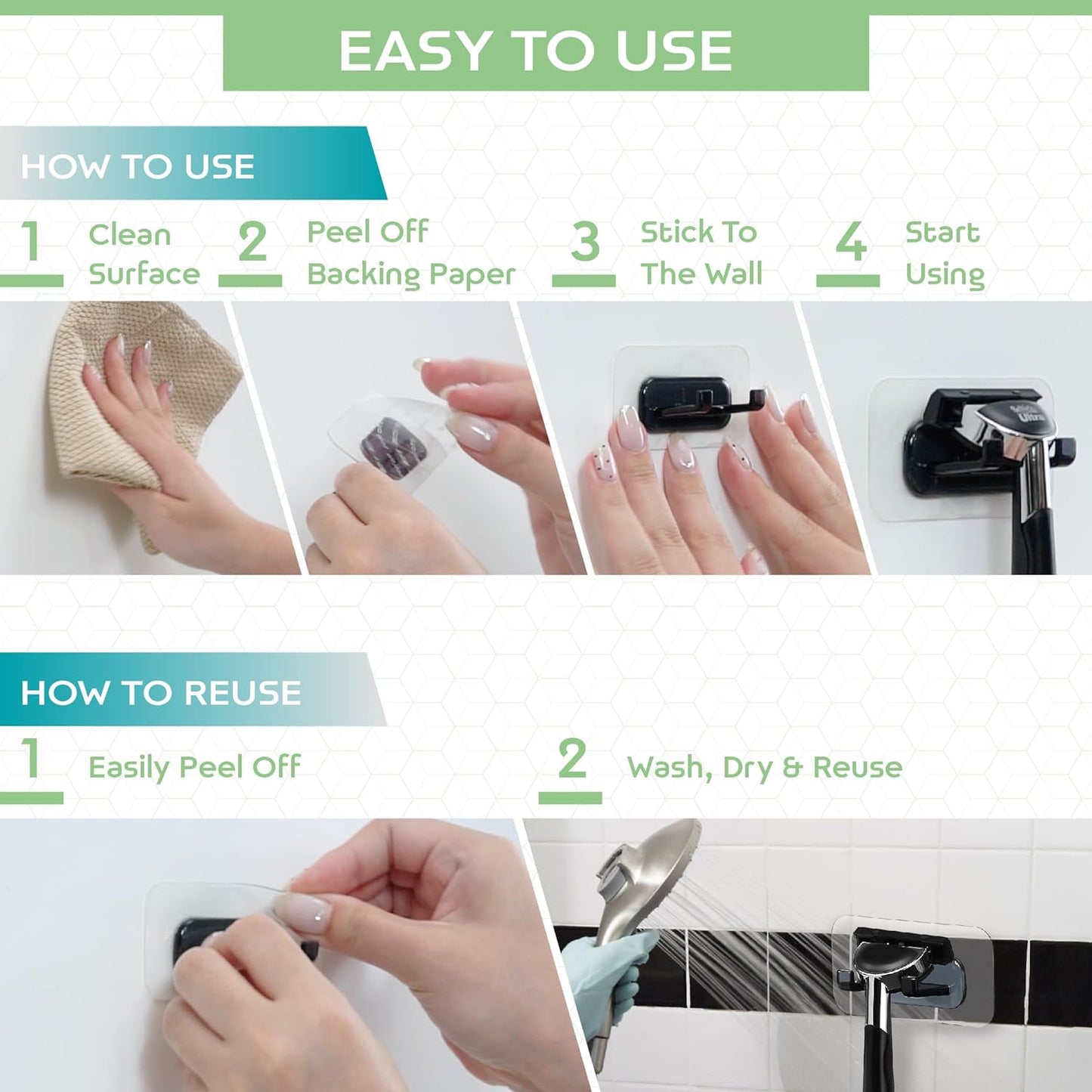 Hook LAB Self-Adhesive Shower Razor Holder, 2-Pack, Removable & Reusable Waterproof Hooks, for Towels, Bath Accessories, Kitchen & Bathroom Use - Black