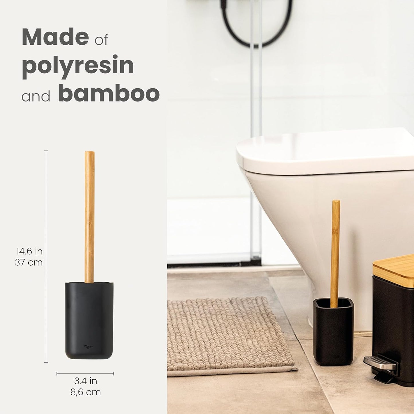 Vigar Zense Toilet Brush and Holder Set, Toilet Bowl Brush with Polyresin Stone Holder, Bathroom Sets for Bathroom Decor and Accessories, Cool Black