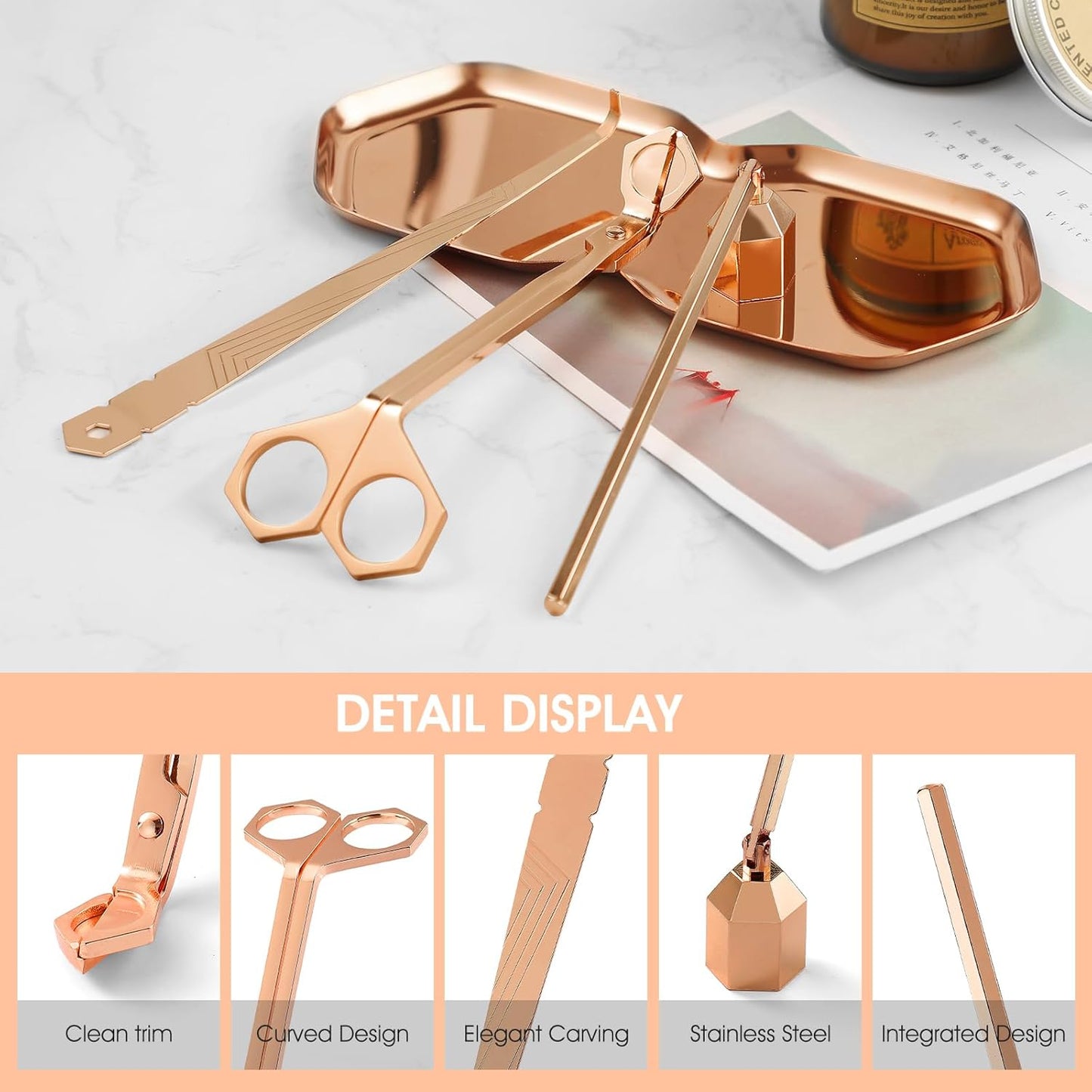 3-in-1 Candle Accessory Set, Wick Trimmer, Candle Snuffer, Wick Spoon, Stainless Steel Material Perfect for Candle Lovers(Rose Gold)