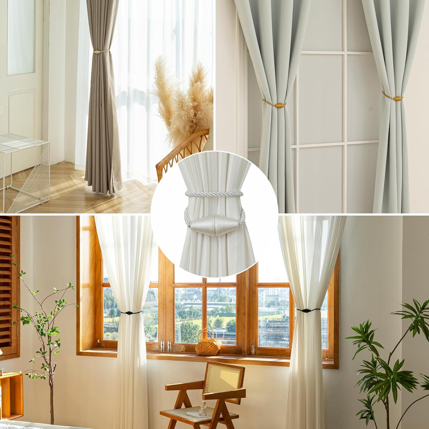 Magnetic Curtain Tiebacks 2 Pack Outdoor Rope Curtain Tie Backs Decorative Window Treatment Holdbacks for Home Decorative Curtain, White