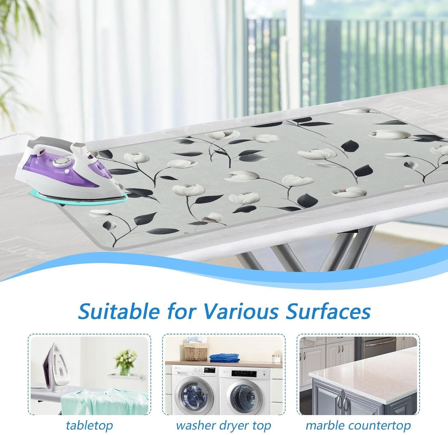Ironing Mat Portable Ironing Pad Ironing Blanket for Table Top Heat Resistance Double-Side Using Travel Large 47.2 x 27.6 Inch Foldable Lightweight Light Grey Tulips