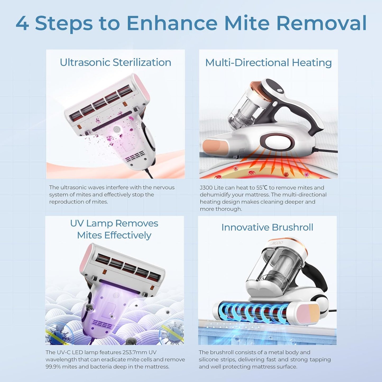 JIGOO J300 Lite Mattress Vacuum Cleaner，Bed Vacuum Cleaner with Dust Sensor with 253.7nm UV-C Light，Ultrasonic and High Heating Multifunctional Handheld Vacuums for Bed, Sofa, Couch （Corded）