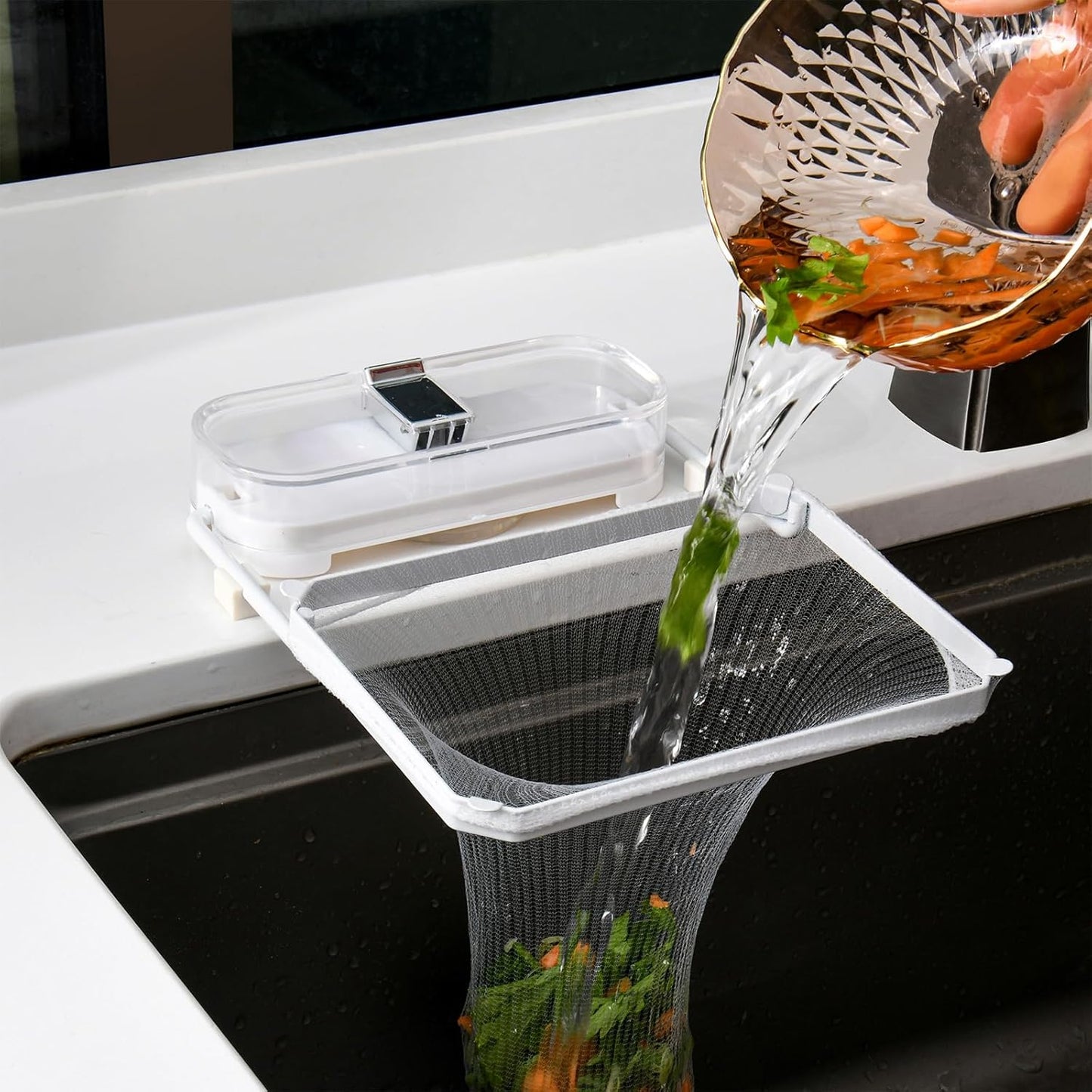 Kitchen Sink Drain Strainer Basket Holder - 50 Mesh Net Bags for Food Scraps, Kitchen Sink Food Catcher & Garbage Disposal Strainer (White)