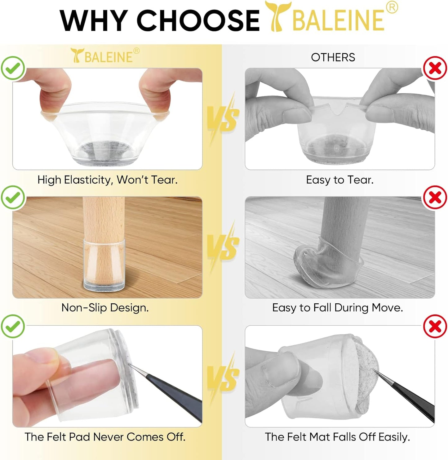 BALEINE 24 Pack Silicone Chair Leg Floor Protectors, Stool Leg Protectors Cap, Non-Slip Chair Leg Caps for Hardwood Floors (Clear Combo 24 Pack)