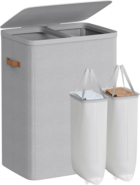 SONGMICS Laundry Basket, 44.9 Gal. Laundry Hamper, 2 Compartments, Easy Assembly, with Lid and Handles, Removable Inner Bags, 22 x 15.7 x 29.5 Inches, Dove Gray ULCB813G01