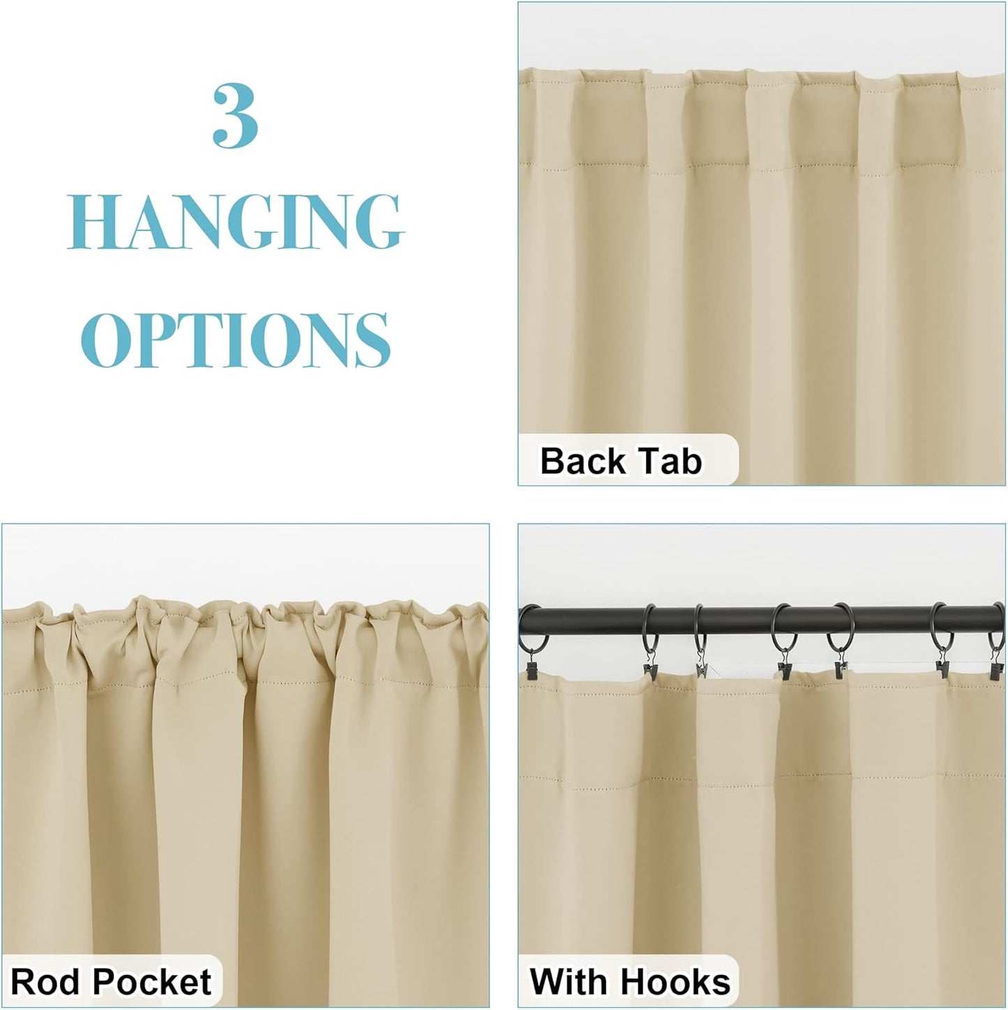 RYB HOME Room Darkening Curtains - Back Loops Solid Sunlight Block Window Decor for Nursery Bedroom Kitchen Bath Garage, Wide 42 in x Long 45, Biscotti Beige, 2 Panels