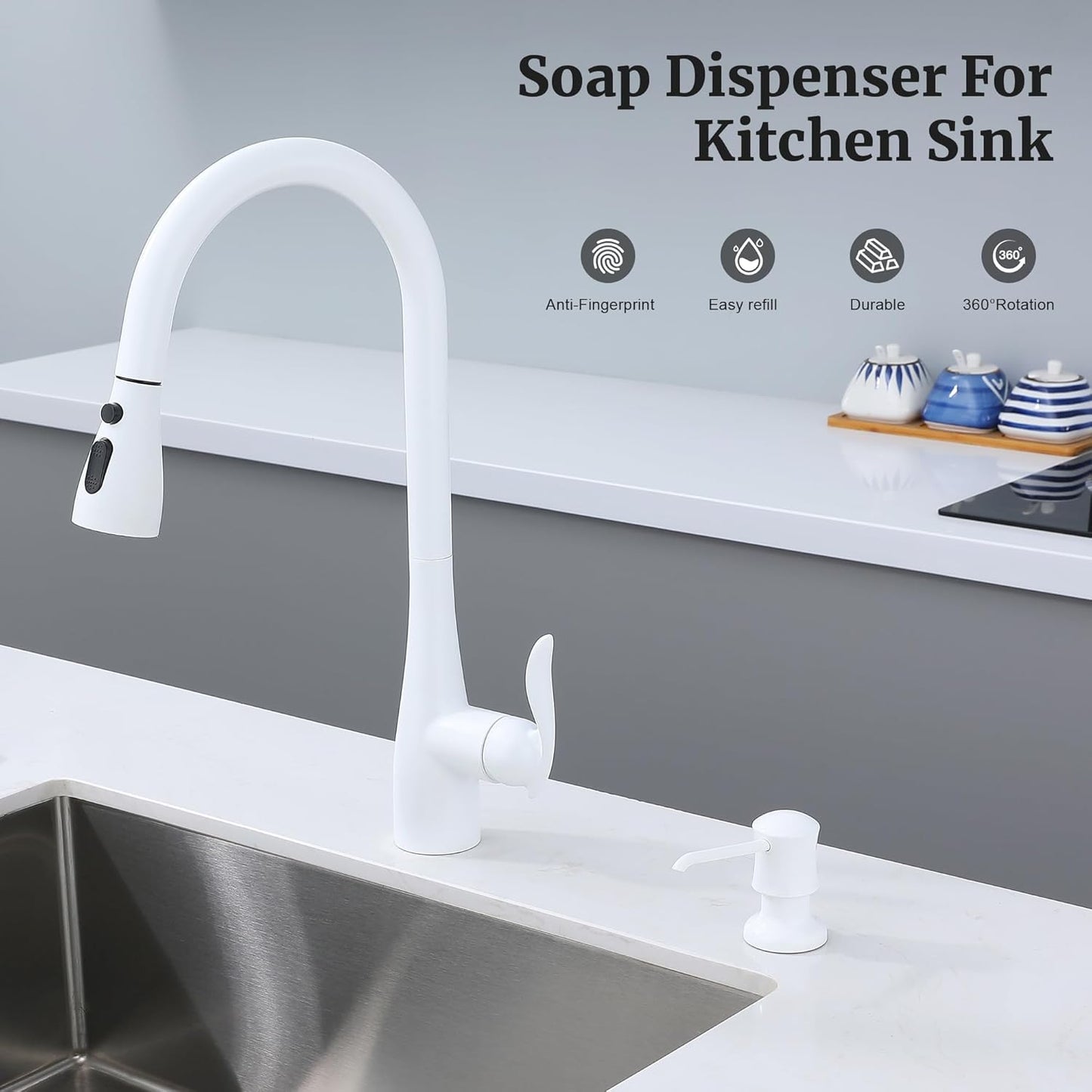 Sink Soap Dispenser for Kitchen Sink White Upgrade with 40" Silicone Extension Tube Kit, Connect to Your Soap Bottle Directly