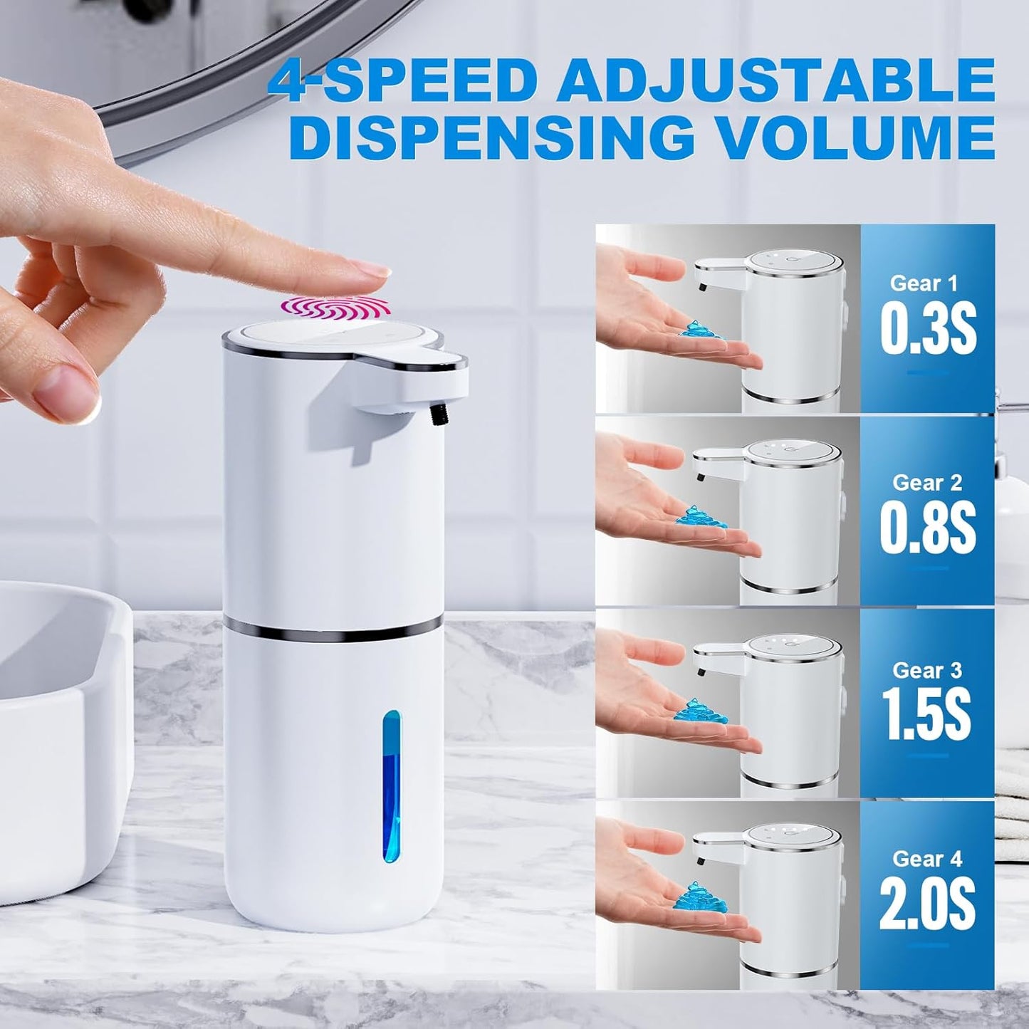 Automatic Liquid Soap Dispenser, 12.8oz/380ml Wall Mount Touchless Soap Dispenser with Sensor, 4-Level Adjustable, IPX5 Waterproof, USB Rechargeable for Bathroom, Kitchen