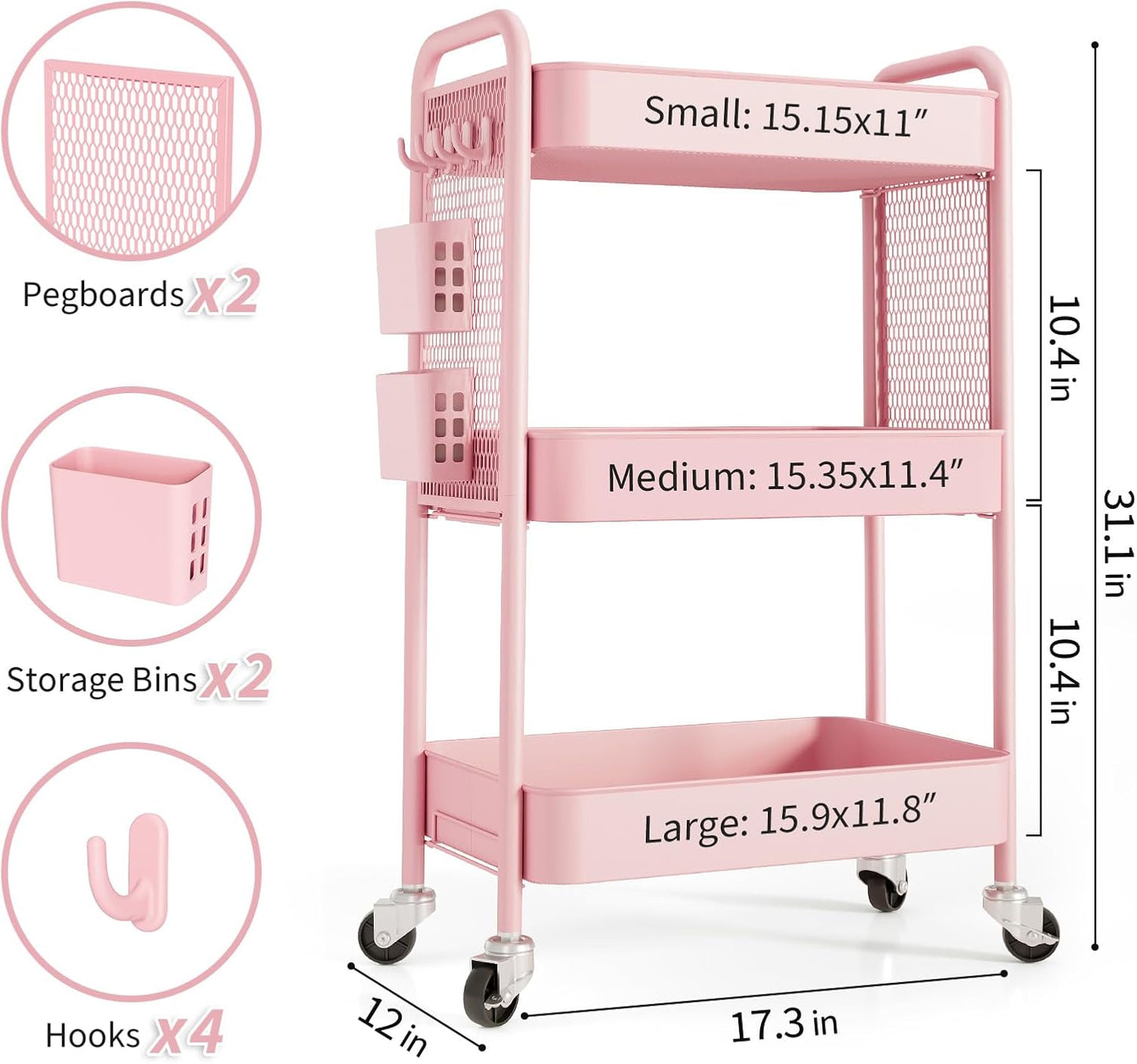 TOOLF 3 Tier Rolling Cart Storage Organizer, Metal Rolling Utility Cart with Wheels, Hooks & Bins Esthetician Craft Art Sturdy Storage with Pegboard for Bathroom, Kitchen, Office, Nursery Diaper