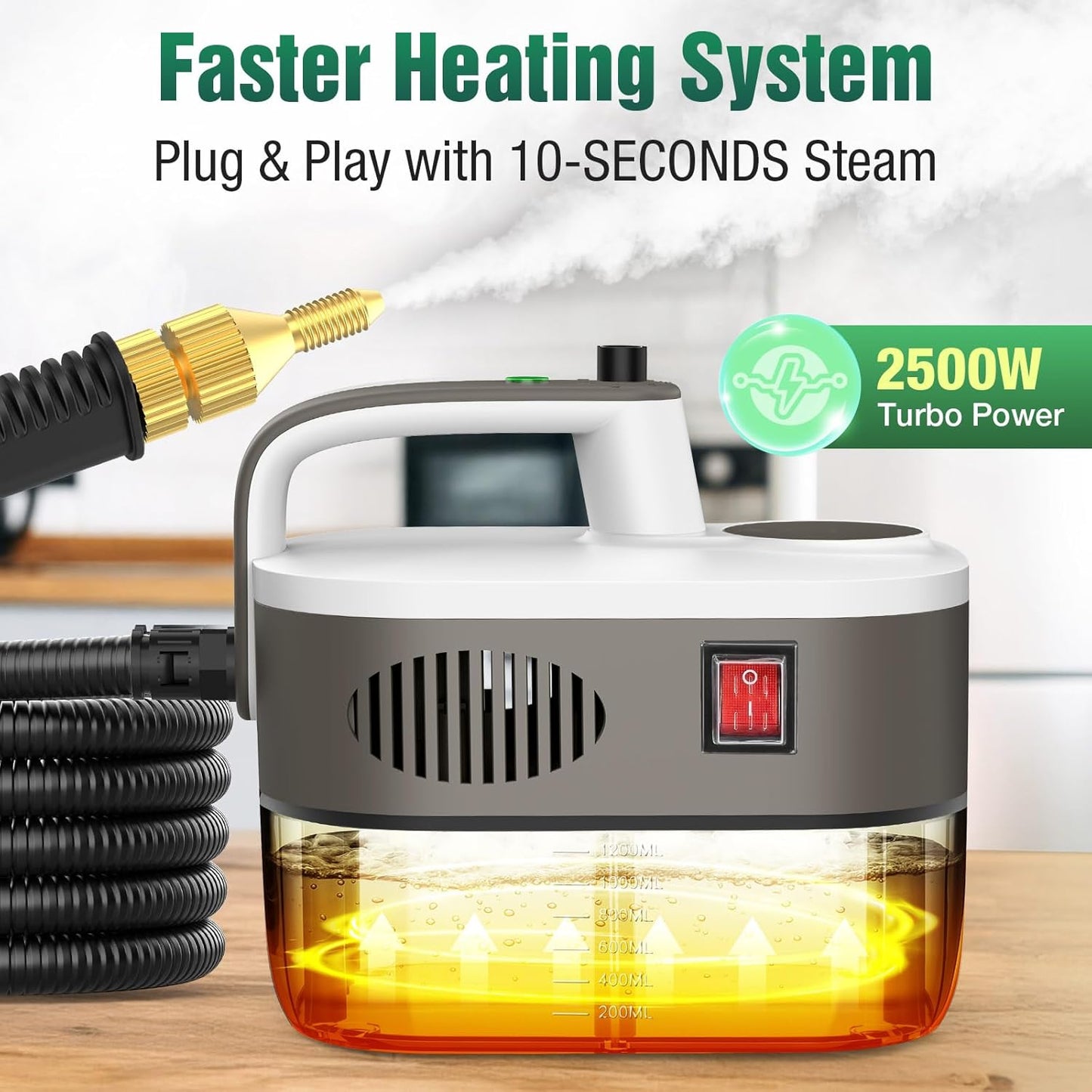 Steam Cleaner, 10s Rapid Heating Steamer with 6 Levels, 1.2L Water Tank, Portable Powerful Steamer for Cleaning without chemicals, Handheld Steam Cleaner for Home, Car, Grout, Tile, Floor, Dirt