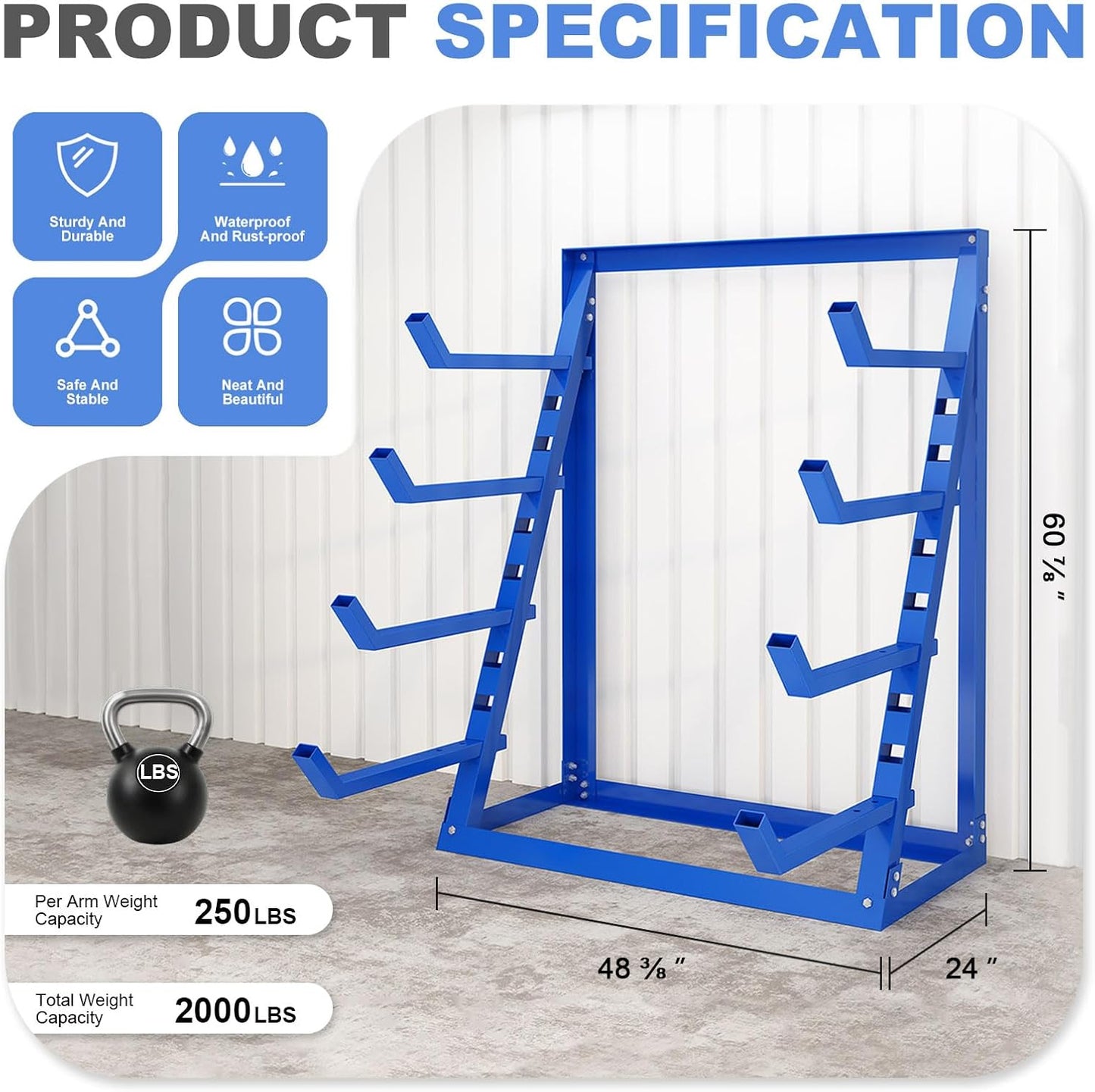 Steel Lumber & Pipe Storage Rack – Heavy Duty 4-Tier Horizontal Organizer Shelf for Garage, Workshop, Basement, 24"x48"x61"