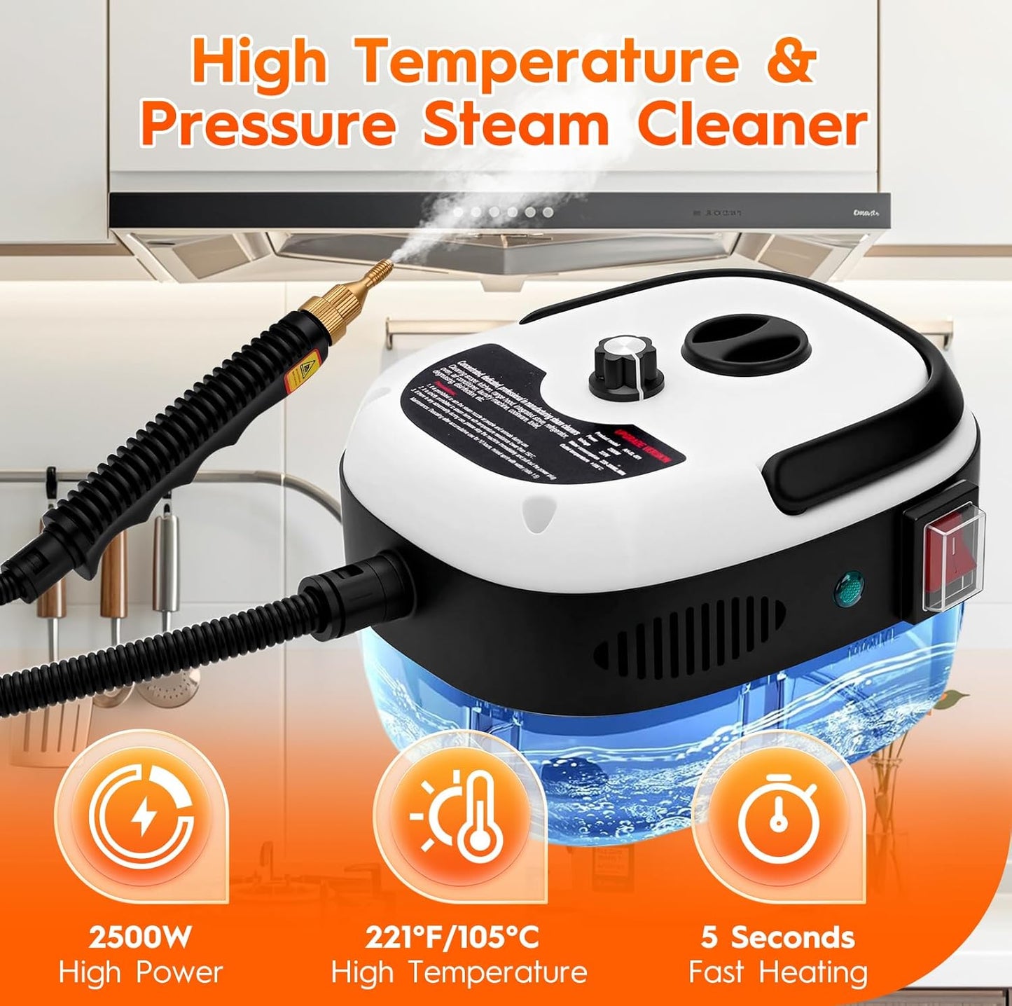 Steam Cleaner, 2500W High Handheld Steam Cleaner, 1L Portable Car Steam Cleaner, 6 High Speeds Pressure Temperature Steam Cleaning Machine with 3 Brush Heads for Kitchen Home Car Cleaning（White）