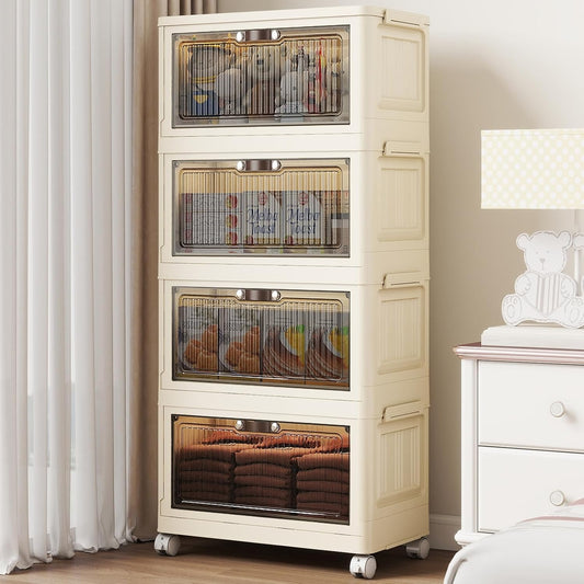 4 Tier - 34QT Storage Bins with Lids, Collapsible Storage Bins with Doors and Wheels, Plastic Storage Cabinet for Easy Storage and Organization for Living Room, Office