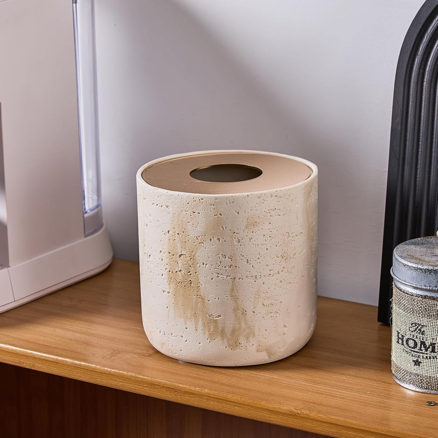 Natural Travertine Textures Mini Trash Can with Rose Gold Stainless Steel Lid, Mini Countertop Trash Can for Bathroom Kitchen, Desk or Table top Mini Garbage Can, Resin Tiny Waste Basket for Vanity