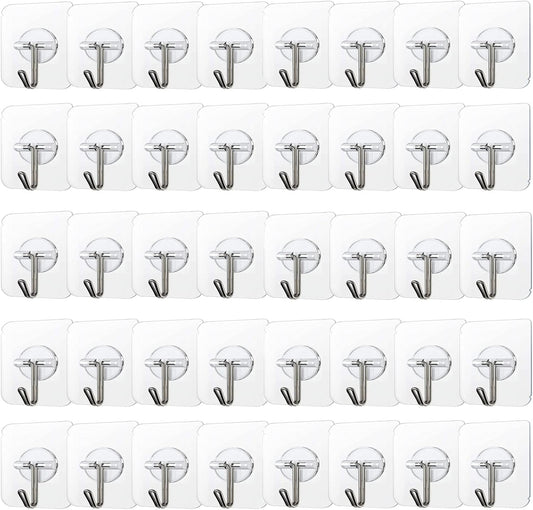 COLOGO 100 Pack Adhesive Hooks 24lb(Max) Heavy Duty Self Adhesive Hooks, Transparent Reusable Seamless Adhesive Wall Hooks for Kitchens, Bathroom, Office