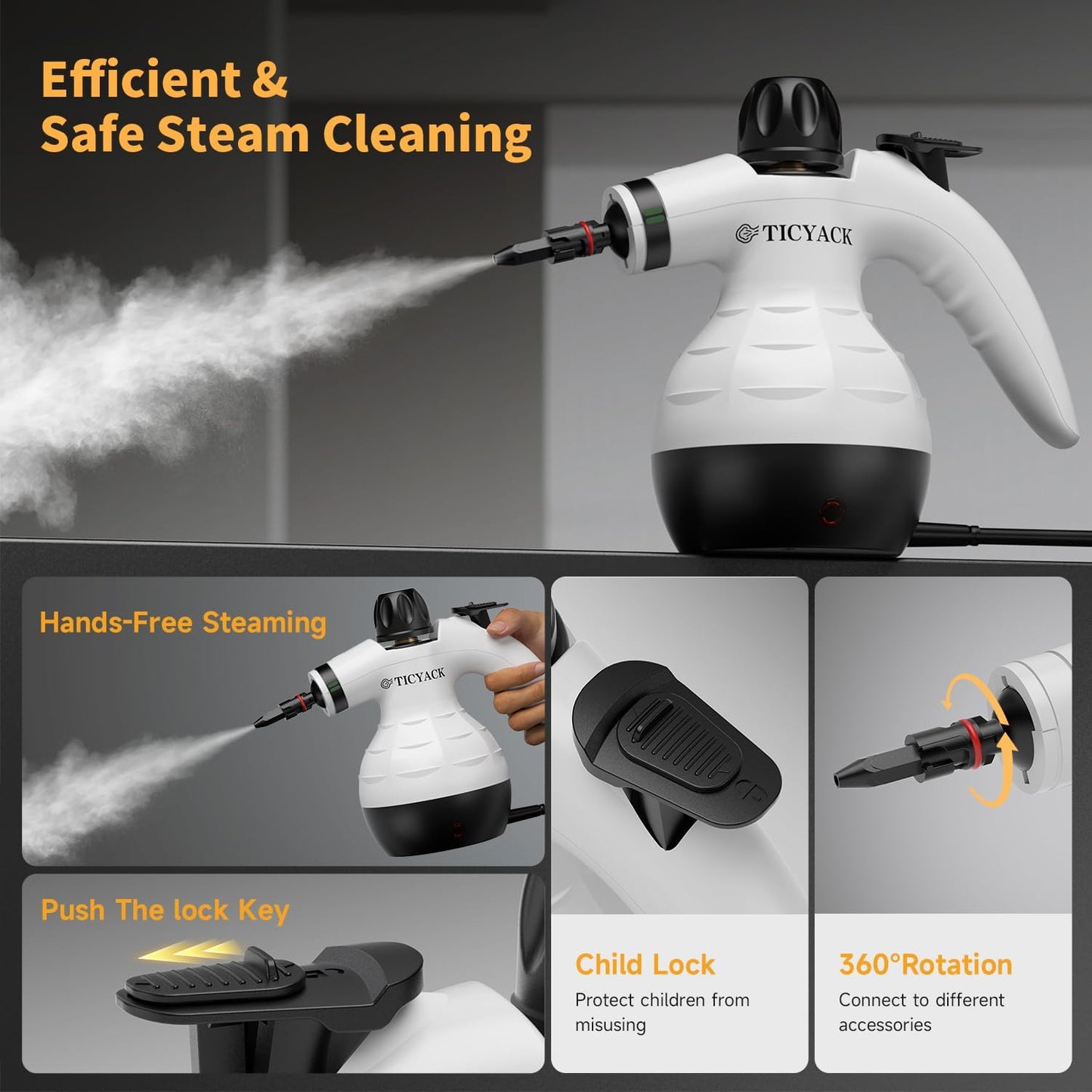 Steam Cleaner, Handheld Steam Cleaner for Home, 16-Piece Steam Cleaner Kit with Automatic Steam Switch, Steamer for Kitchen, Bathroom, Car, Living Room and Multi-Surface Deep Cleaning (White)