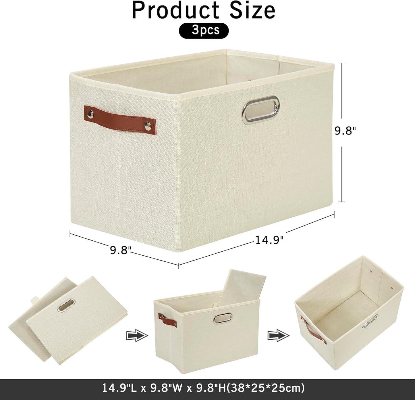 Large 3-Pack Foldable Fabric Storage Bins with Durable PU & Metal Handles, Collapsible Storage Baskets for Shelves, Home Storage, Closet Organizers, Living Room(14.9"x9.8"x9.8", Beige)