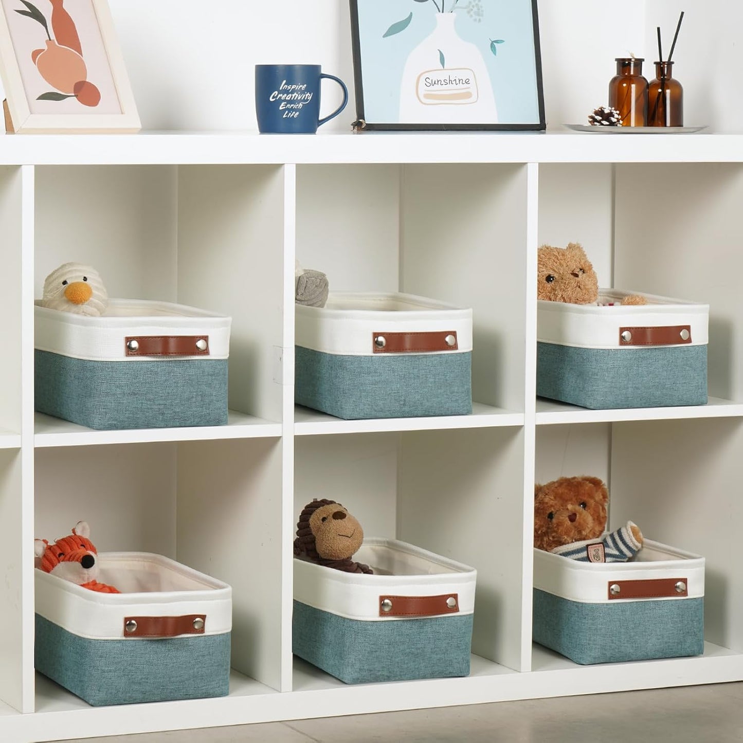 DULLEMELO Set of 6 Small Baskets for Organizing, Small Fabric Storage Bins for Storage, Collapsible Storage Bins with Handles for Shelves, Closets (11.8"x7.9"x5.1", White&Deep Green)