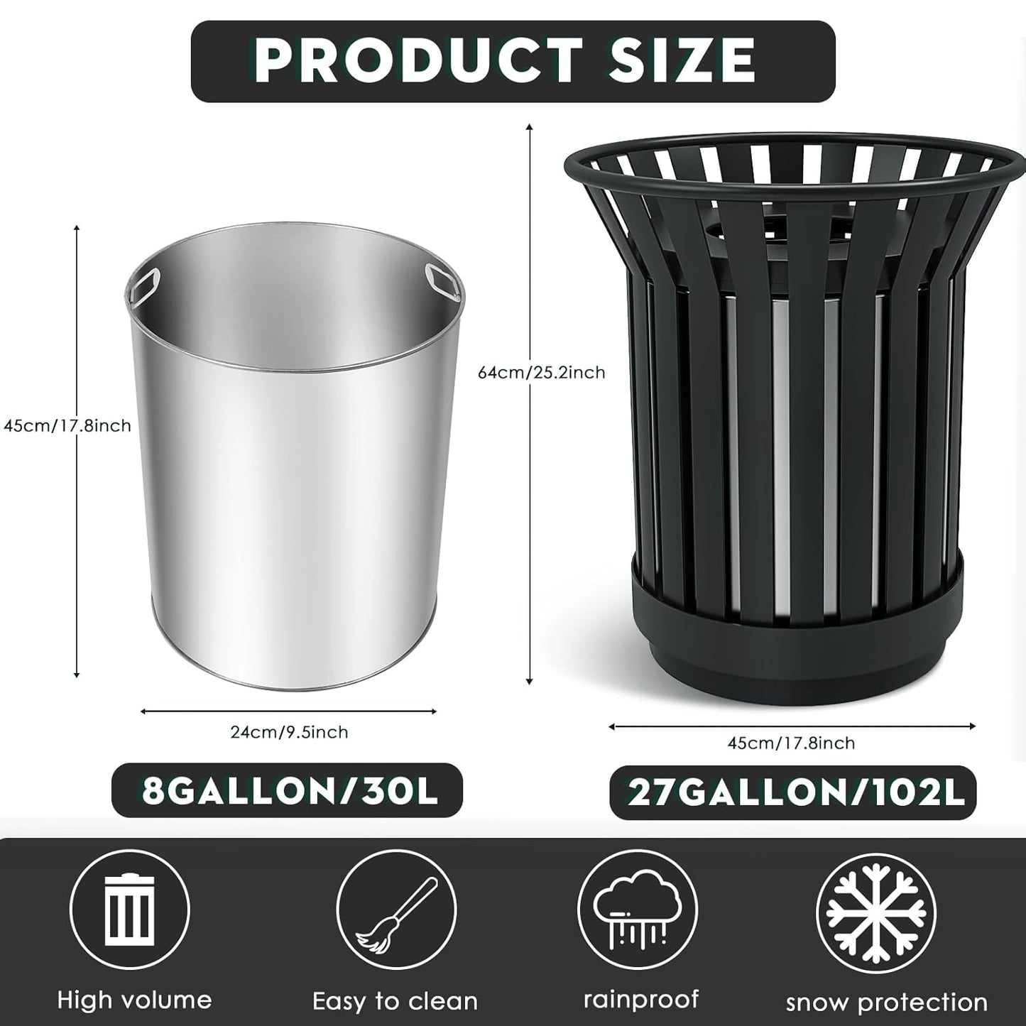 8Gallon/30L Commercial Outdoor & Indoor Metal Trash Can, Outdoor Slatted Trash Receptacle with Metal Linner, All Weather Resistant Large Outside Zone Round Garbage Bin for Street, Park, School - Black