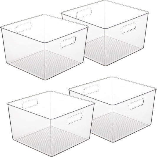 Vtopmart 4 Pack Extra Large Clear Plastic Storage Bins,11x11 Cube Acrylic Organizer Square Containers with Handle for Pantry,Closet,LaundryRoom,Kitchen,Bathroom,UnderSink Organization