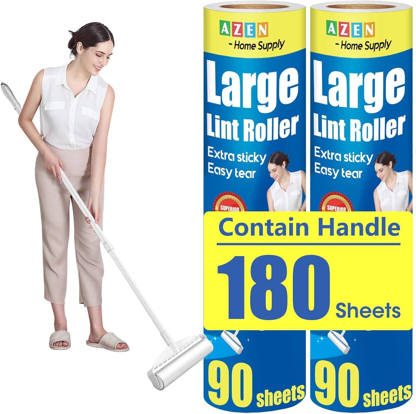 AZEN Large Lint Rollers for Pet Hair, Extra Sticky, 9.45 in Rollers for Floor, Carpet, 180 Sheets Giant Refills with 3 Extendable Long Handle Sticky Mop for Carpet, Floor, Couch