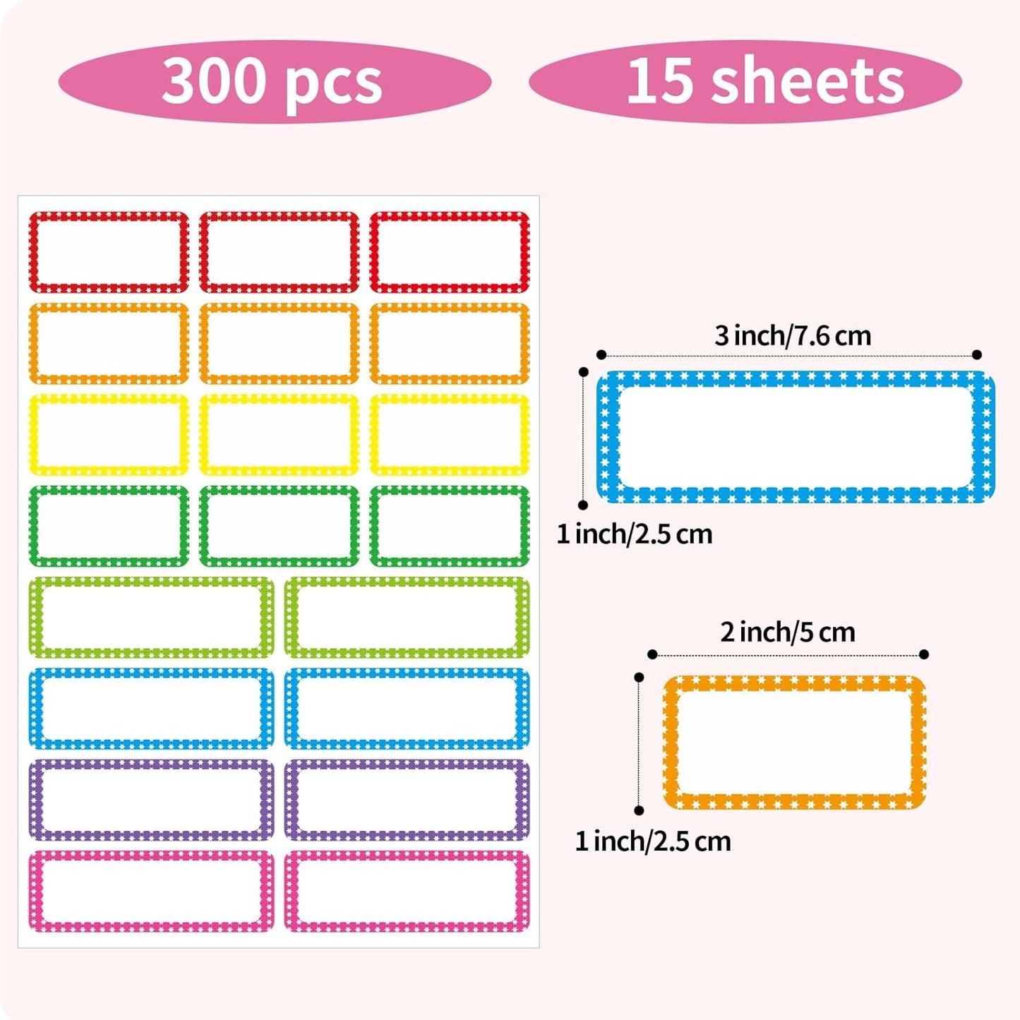Removable Colored Labels Stickers, Self-Adhesive Rectangular Stickers Star Border Water/Oil/Tear Resistant for Storage/Classroom/Home (2 Size, 300 Labels)