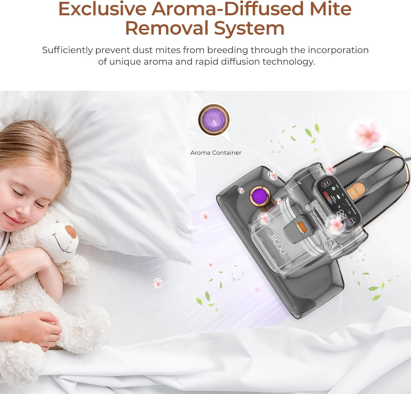 JIGOO T600 Bed Vacuum Cleaner with UV-C Light, 15Kpa Suction 700W Powerful Double Cup Handheld Vacuums, Mattress Vacuum Cleaner with Smart Dust Sensor, Ultrasonic & Heating Tech, HEPA Filter - Corded