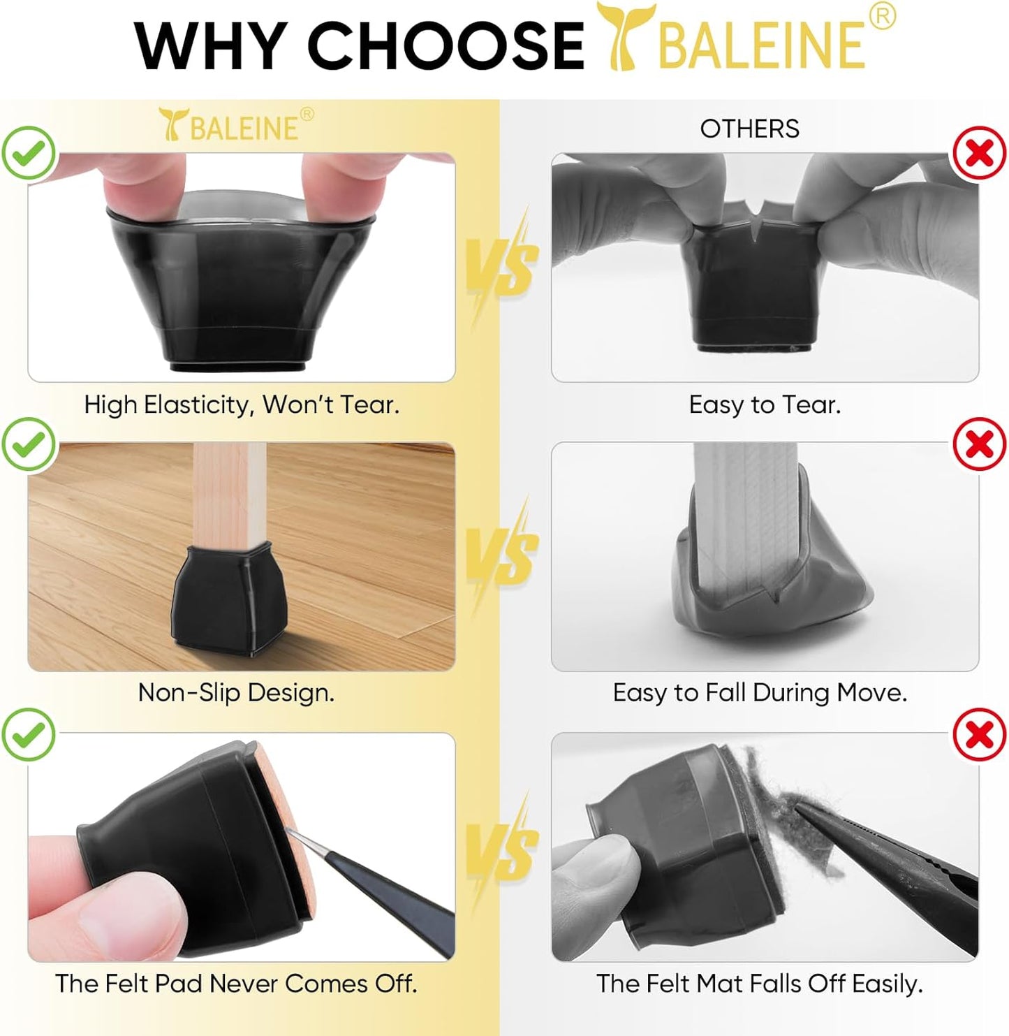 BALEINE 24 Pack Silicone Chair Leg Floor Protectors, Stool Leg Protectors Cap, Non-Slip Chair Leg Caps for Hardwood Floors (Black & Large (Square), 24 Pack)