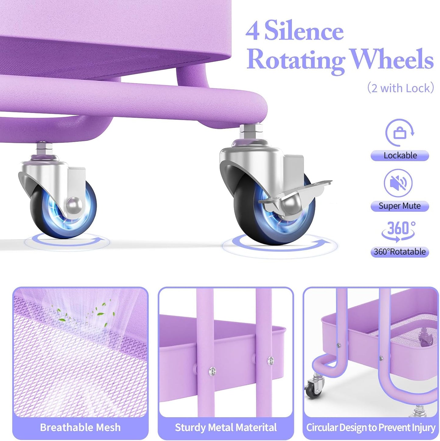 KINGRACK 3 Tier Rolling Cart, Metal Mobile Storage Shelf with Lockable Wheels, Prevent Falling Utility Trolley Cart, Storage Organizer for Kitchen, Office, Bathroom, Dorm, Purple