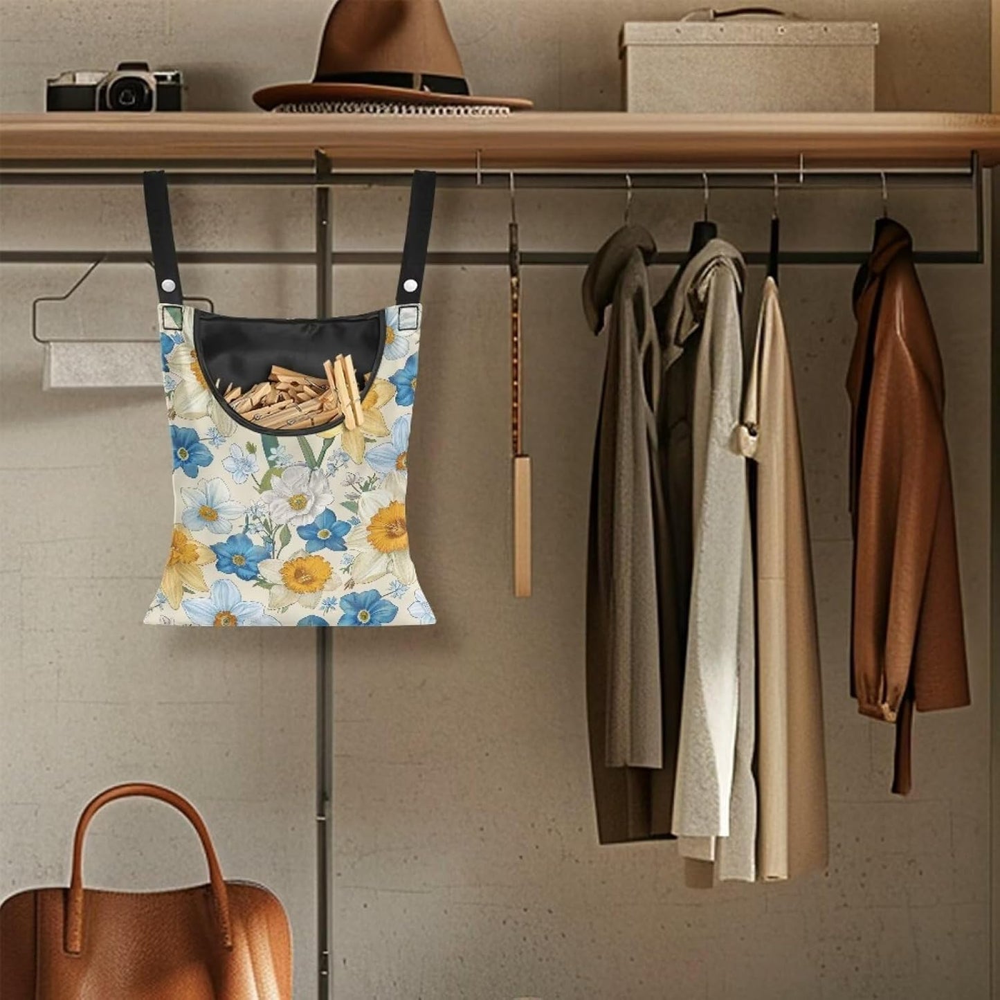 Floral Clothespin Bag with Hanging Rope Daffodil 14.5 x 12 Inch Summer Waterproof Laundry Clothes Pin Holder Clothespin Storage Organizer with Large Opening