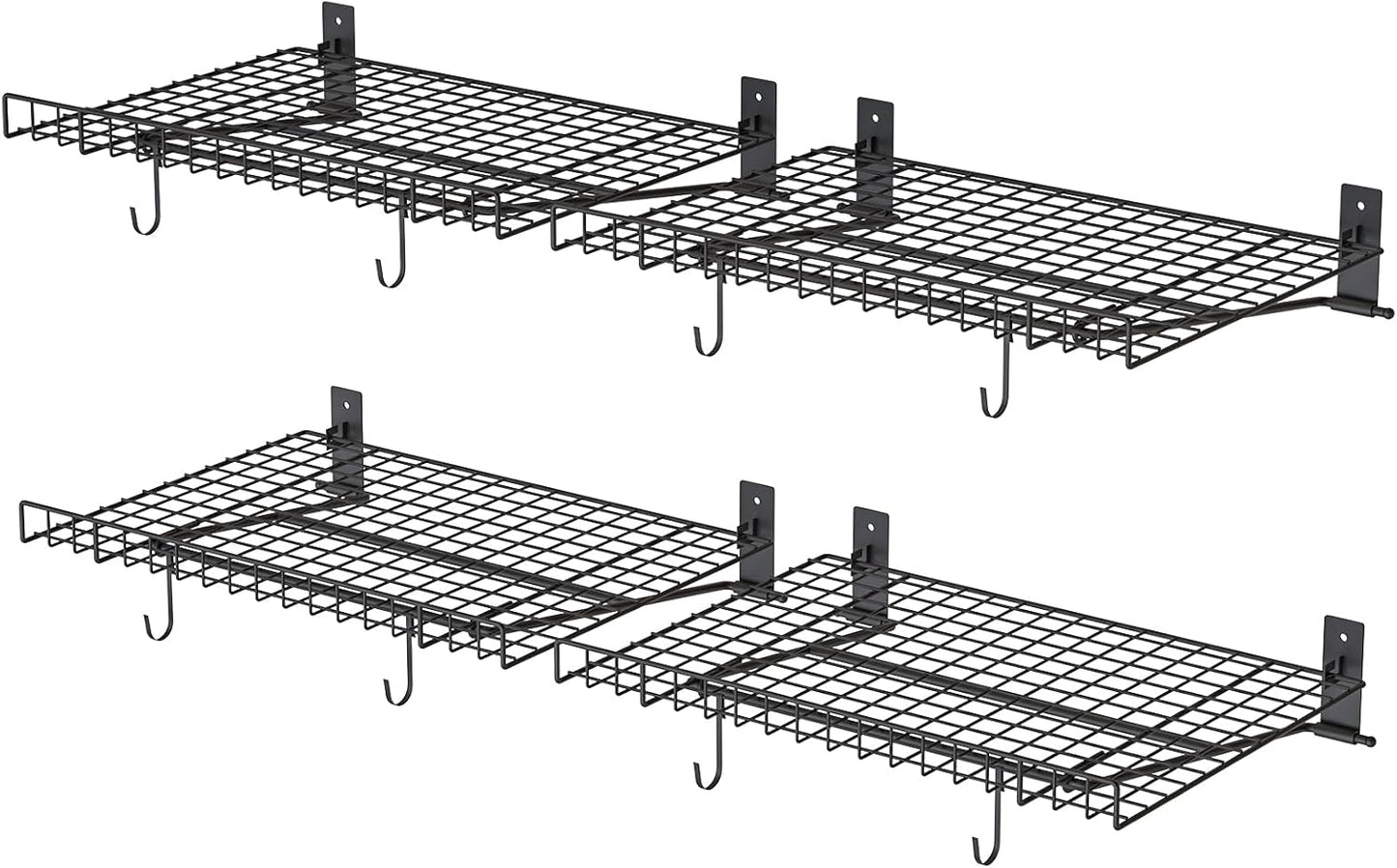 4 Pack Foldable Wall Shelf, Wall Mounted Garage Storage Shelves, Heavy Duty Wall Shelving Supports Up To 180 LBS. Floating Shelves With 8 Hooks Metal Storage Rack for Office, Kitchen and Laundry Room