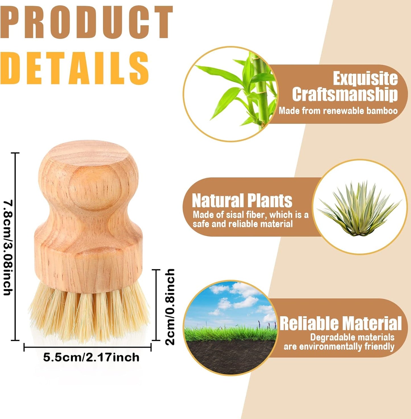 Nuenen 6 Packs Bamboo Dish Scrub Brushes Wooden Scrubbers Set Kitchen Dishwashing Scrubber with Natural Sisal Bristles for Iron Pot Pan Sink