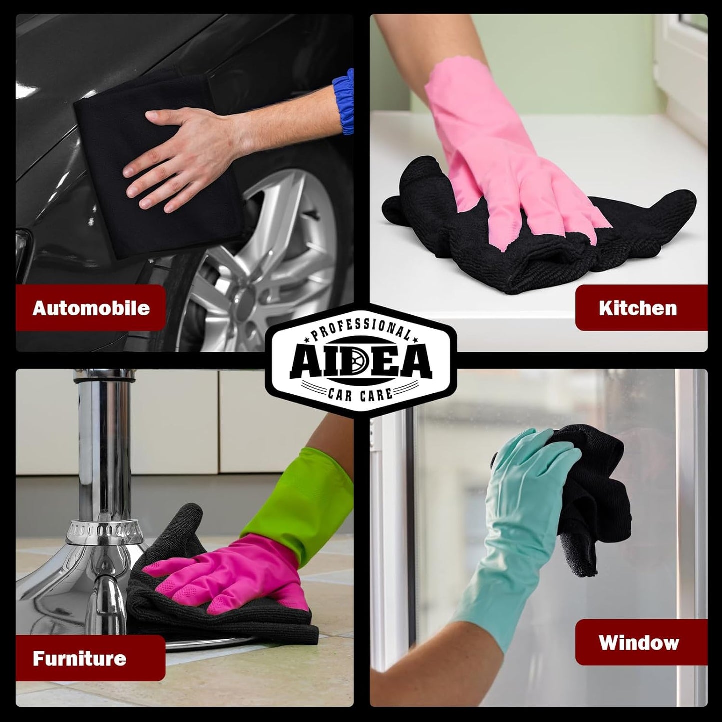 AIDEA Microfiber Cleaning Cloth Black 50PK, Microfiber Towels for Cars, Premium Car Cloths, Dusting Cloth Lint Free Cleaning Rags for SUVs, House, Kitchen, Window, Workshops,12×12"