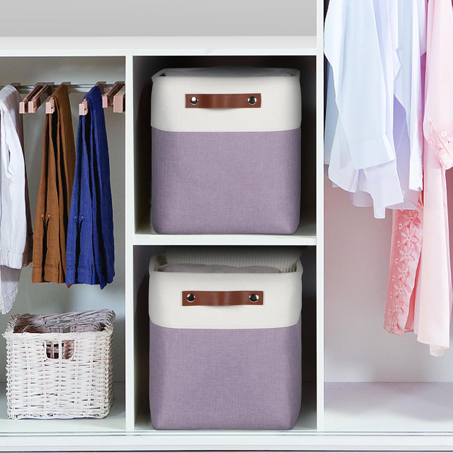 Univivi 10.5 Inch Fabric Cube Bins with Hard Bottom, 4 Pack Storage Baskets with PU Handles for Shelves Closet Foldable Storage Bins for Organizing (Purple,10.5" x 10.5" x 11")