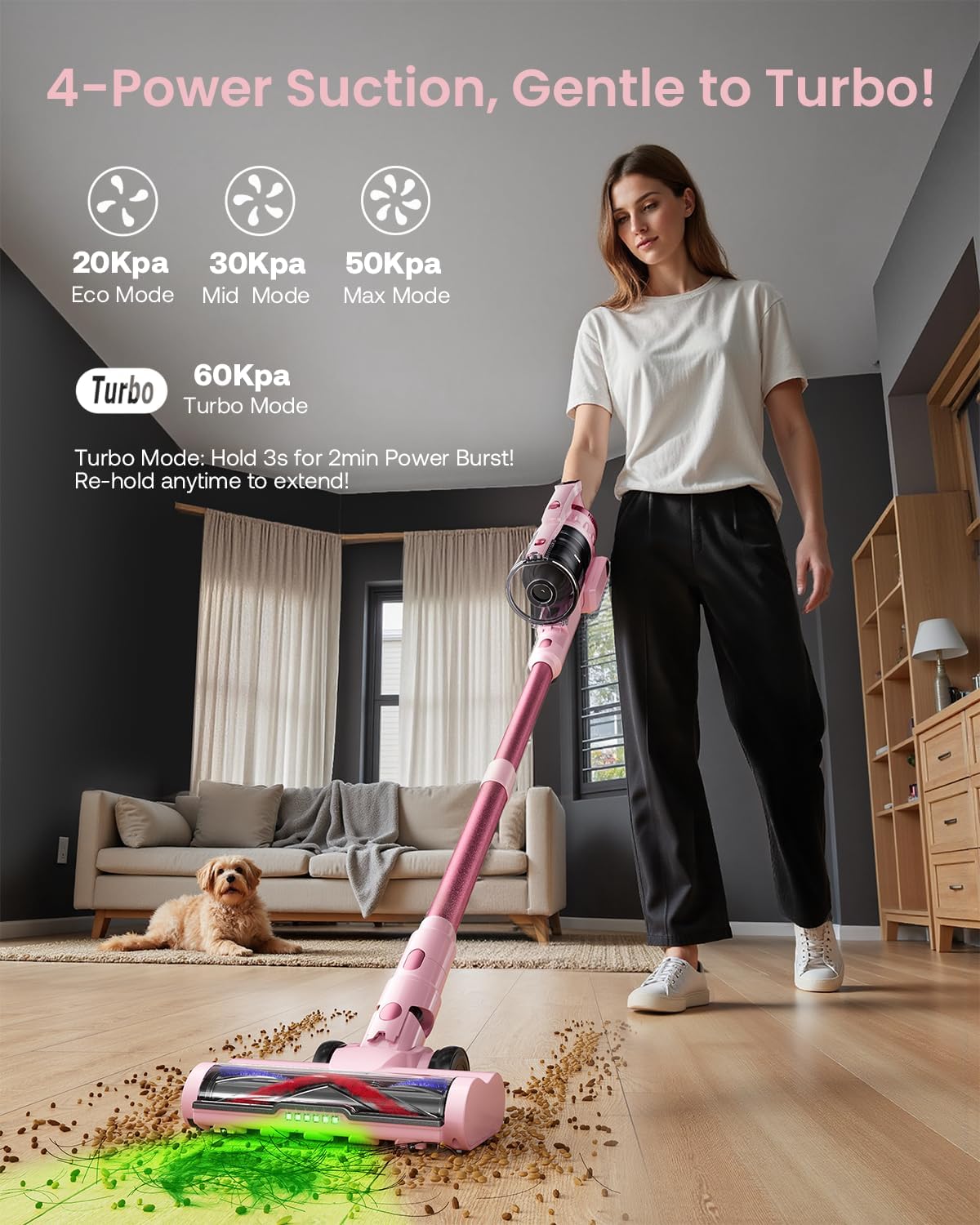 Cordless Vacuum Cleaner for Home, Upgraded 60Kpa Powerful Suction Pet Hair Vacuum with 70min Runtime, Green LED Light for Hardwood Floors & Carpet, Self-Standing Rechargeable Stick Vacuum, Pink